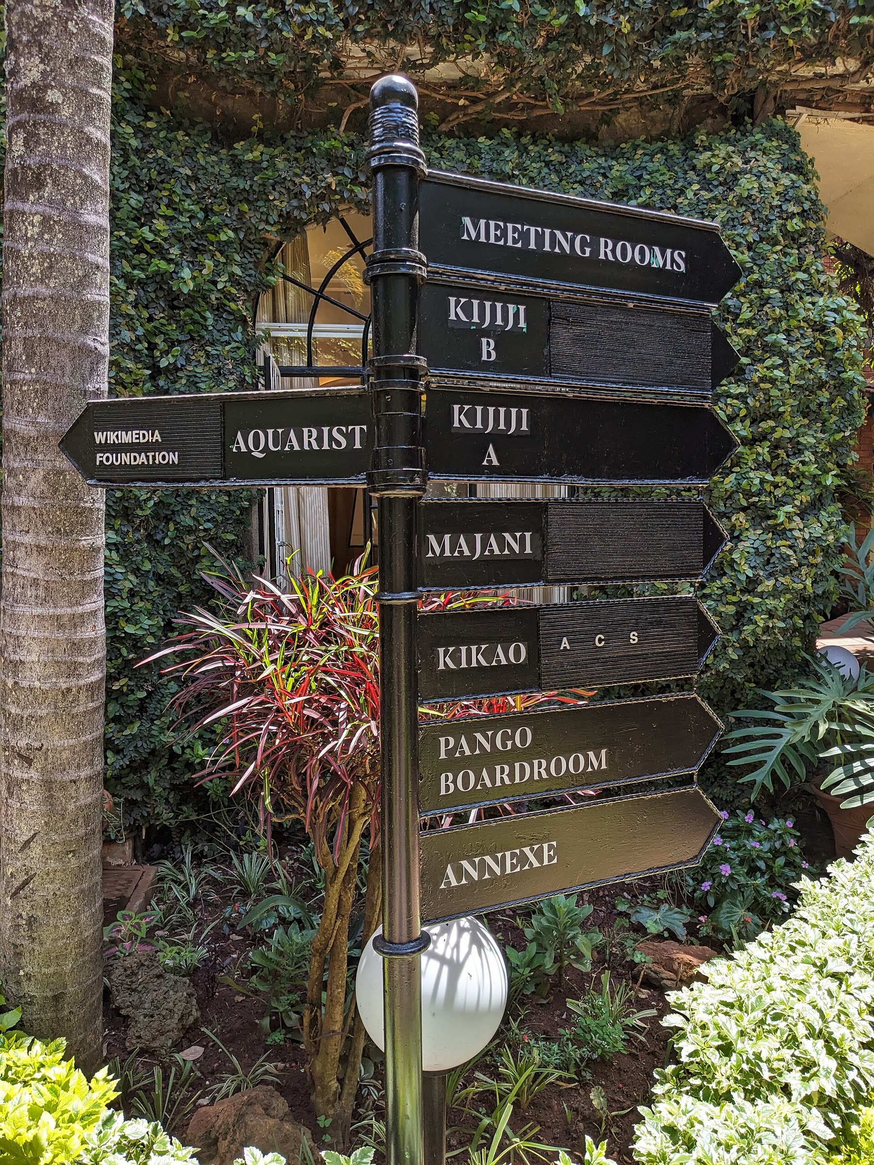 Signposts pointing to conference rooms in a garden